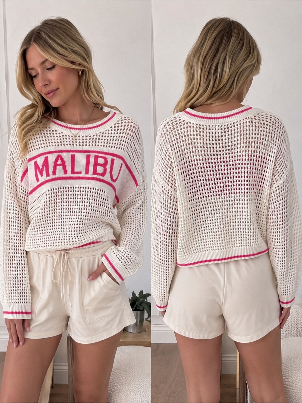 SO Cream Open-Knit Sweater with Pink Stripe